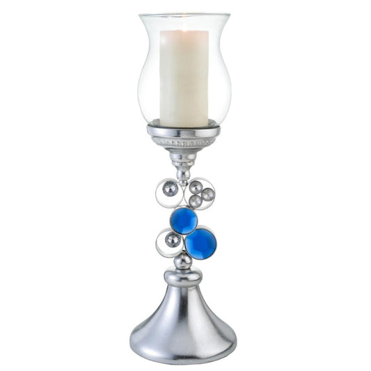 21" Silver and Blue Faux Crystal Bling Hurricane Candle Holder