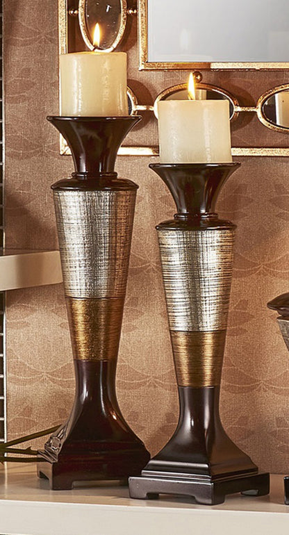 Set Of Two Silver and Brown Pillar Tabletop Pillar Candle Holder