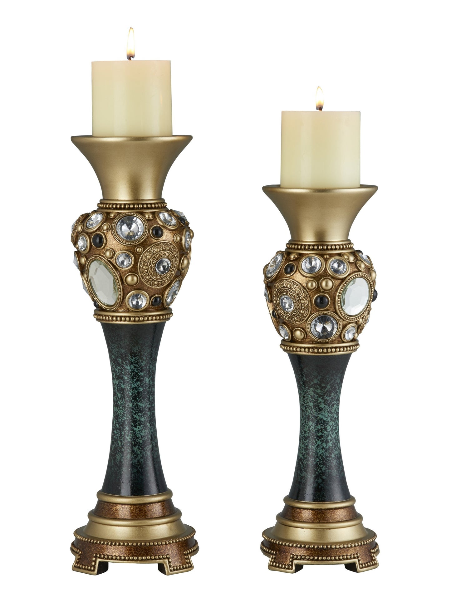 Set Of Two Green and Gold Pillar Tabletop Pillar Candle Holders