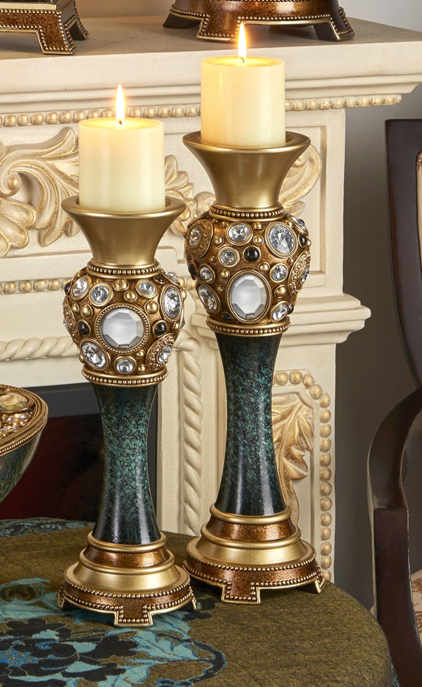 Set Of Two Green and Gold Pillar Tabletop Pillar Candle Holders