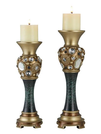 Set Of Two Green and Gold Pillar Tabletop Pillar Candle Holders