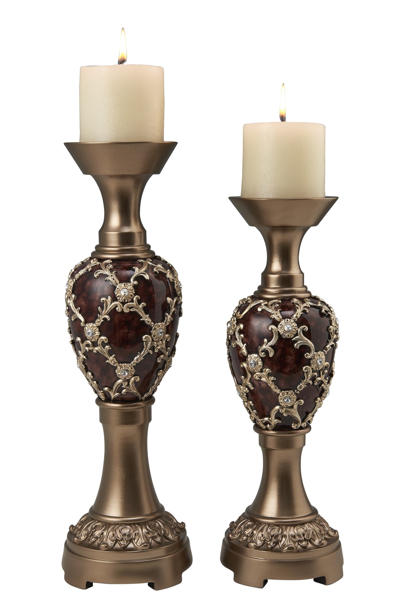 Set Of Two Gold Pillar Tabletop Pillar Candle Holders