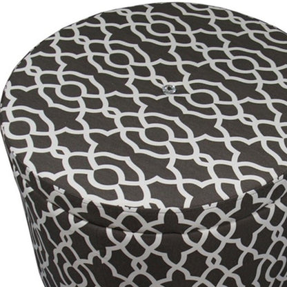 23" Black And White Polyester Blend Round Geometric Footstool Ottoman