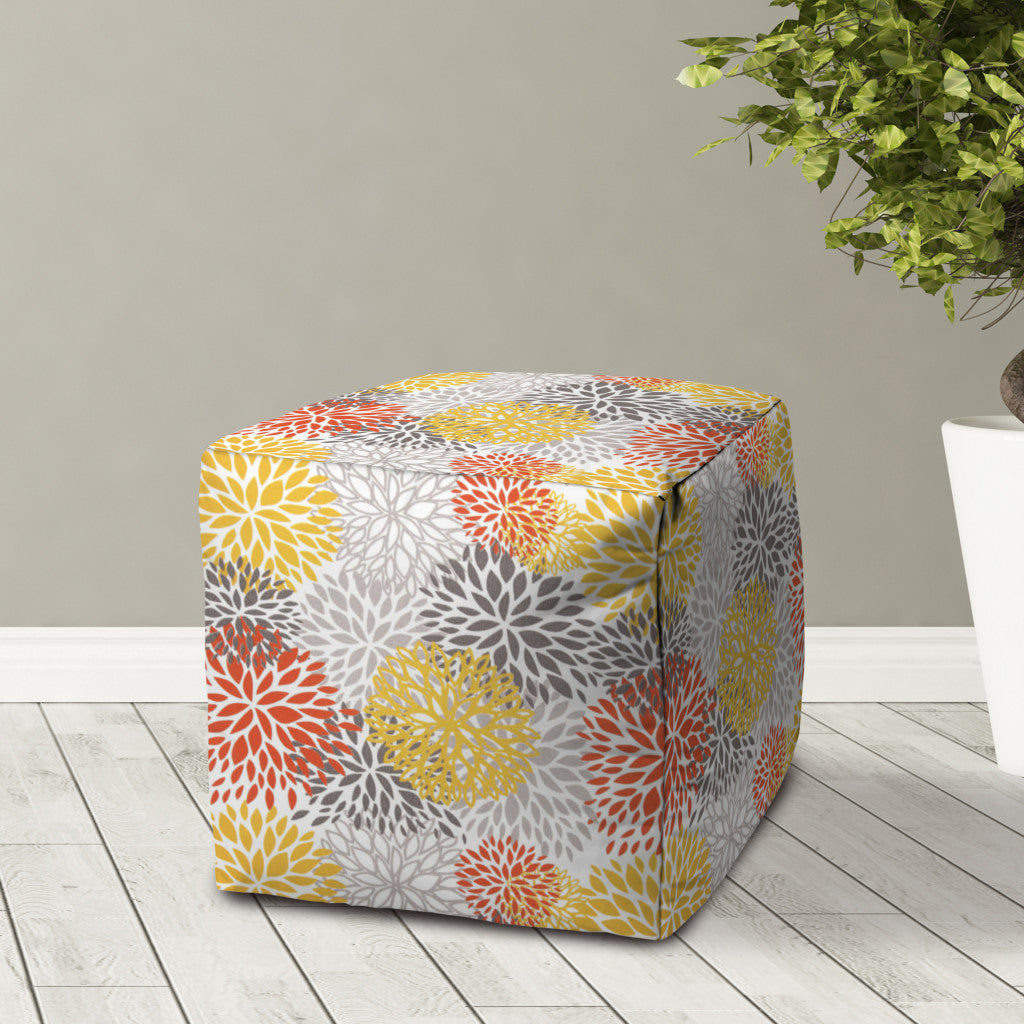 17" Gray and Yellow Polyester Cube Floral Indoor Outdoor Pouf Ottoman