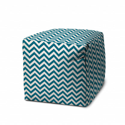 17" Blue and White Polyester Cube Chevron Indoor Outdoor Pouf Ottoman