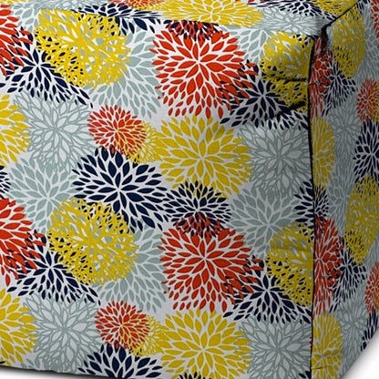 17" Gray and Yellow Polyester Cube Floral Indoor Outdoor Pouf Ottoman
