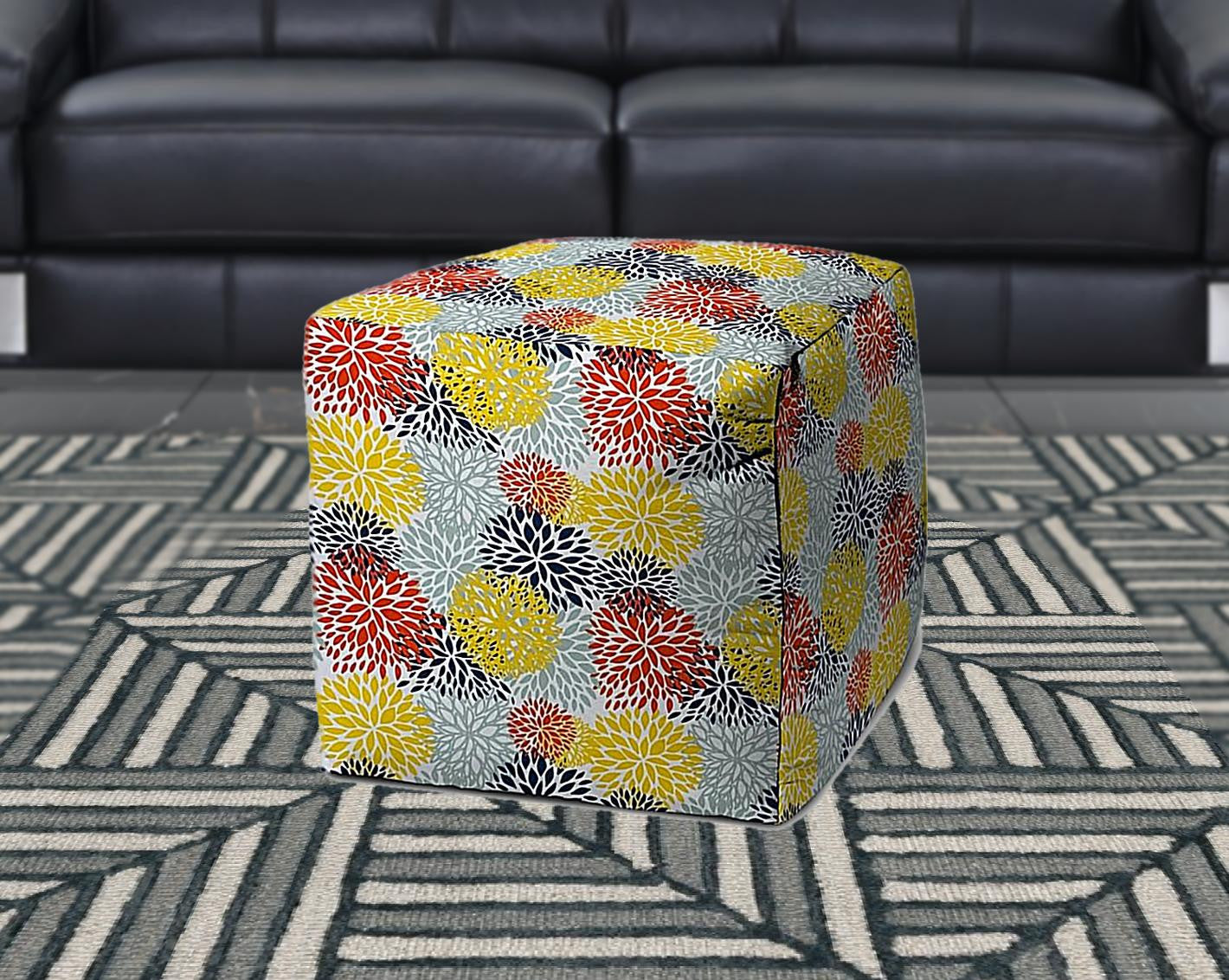 17" Blue Polyester Cube Floral Indoor Outdoor Pouf Ottoman