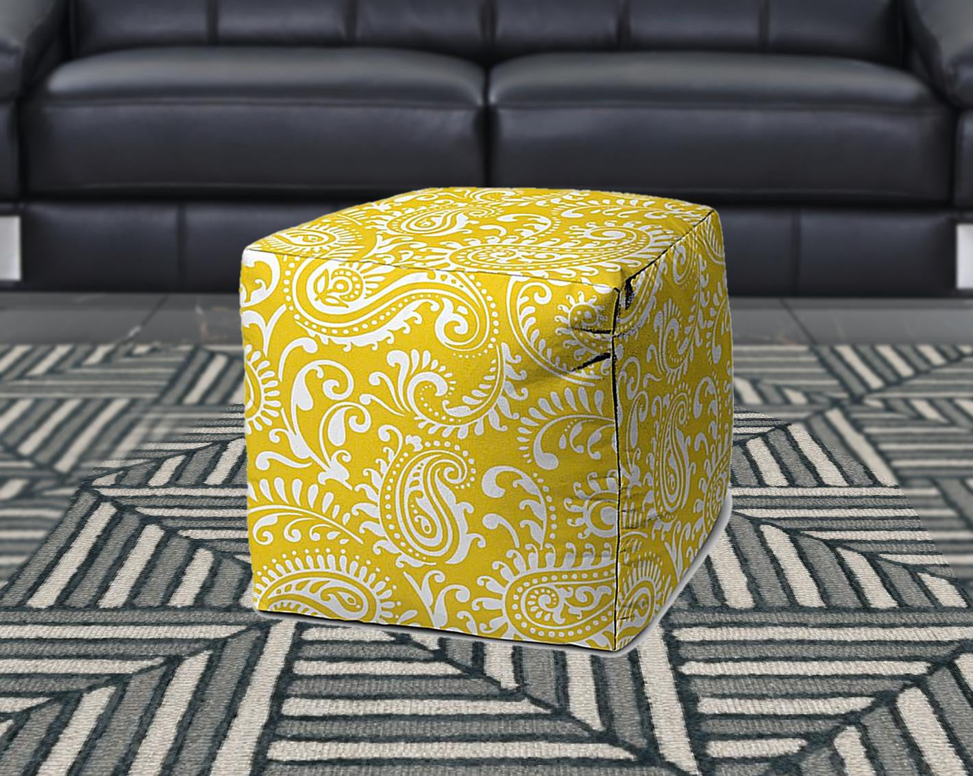 17" Yellow Polyester Cube Paisley Indoor Outdoor Pouf Ottoman