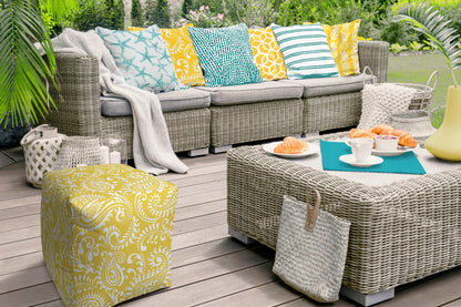 17" Yellow Polyester Cube Paisley Indoor Outdoor Pouf Ottoman