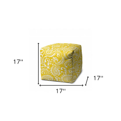 17" Yellow Polyester Cube Paisley Indoor Outdoor Pouf Ottoman