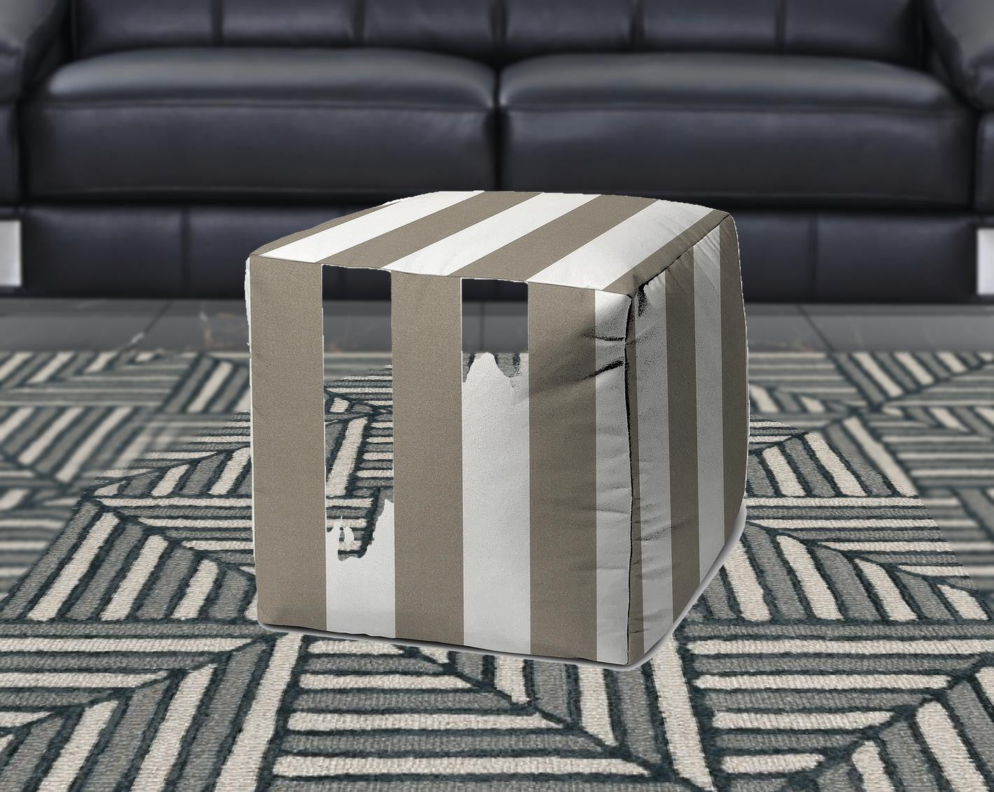 17" Taupe Polyester Cube Striped Indoor Outdoor Pouf Ottoman