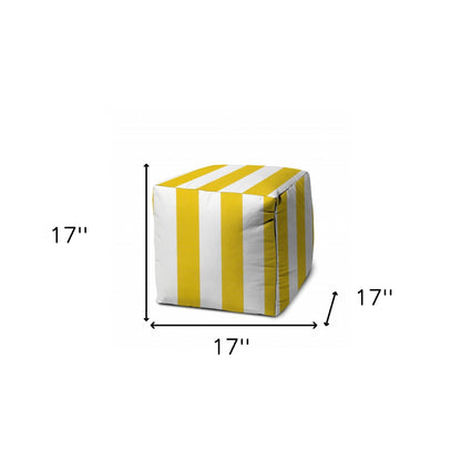 17" Yellow And White Polyester Cube Striped Indoor Outdoor Pouf Ottoman