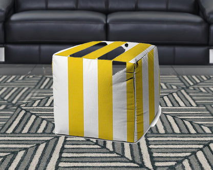 17" Yellow And White Polyester Cube Striped Indoor Outdoor Pouf Ottoman