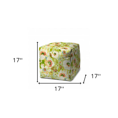 17" Green Polyester Cube Floral Indoor Outdoor Pouf Ottoman