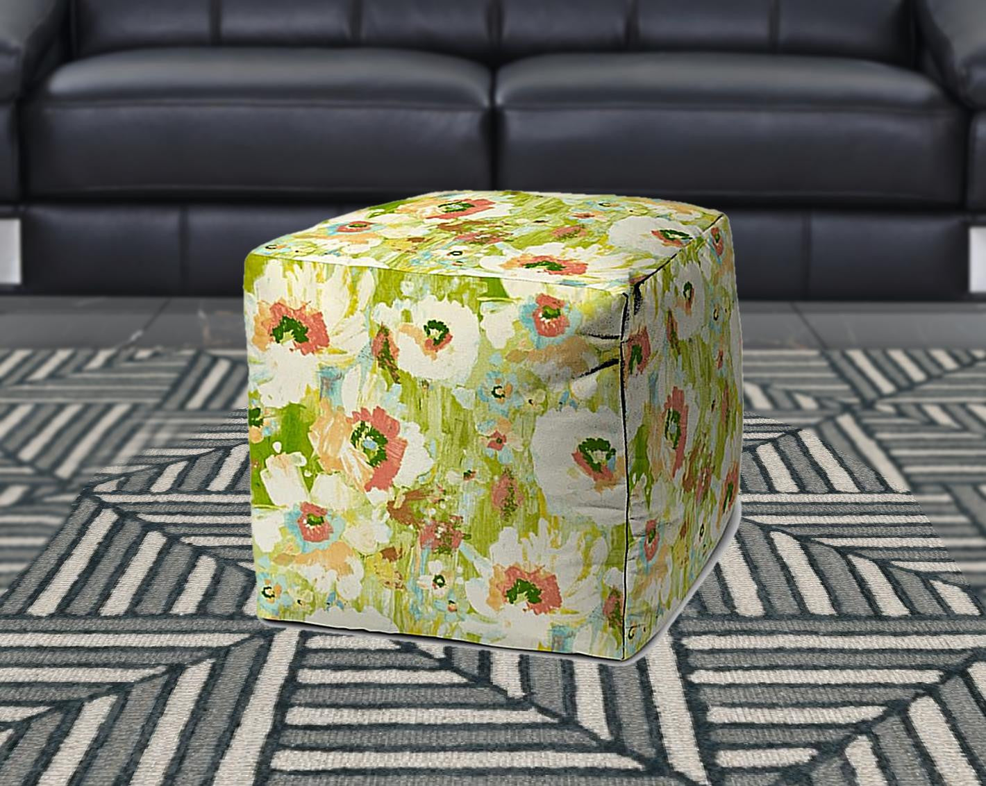 17" Green Polyester Cube Floral Indoor Outdoor Pouf Ottoman