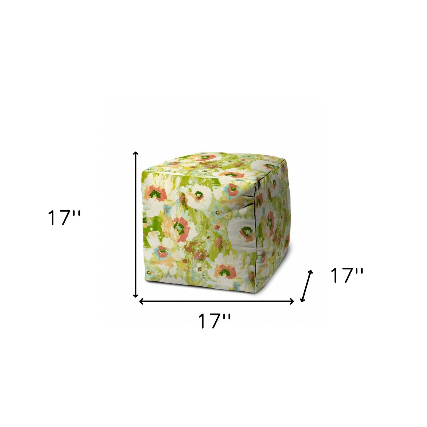 17" Green Polyester Cube Floral Indoor Outdoor Pouf Ottoman