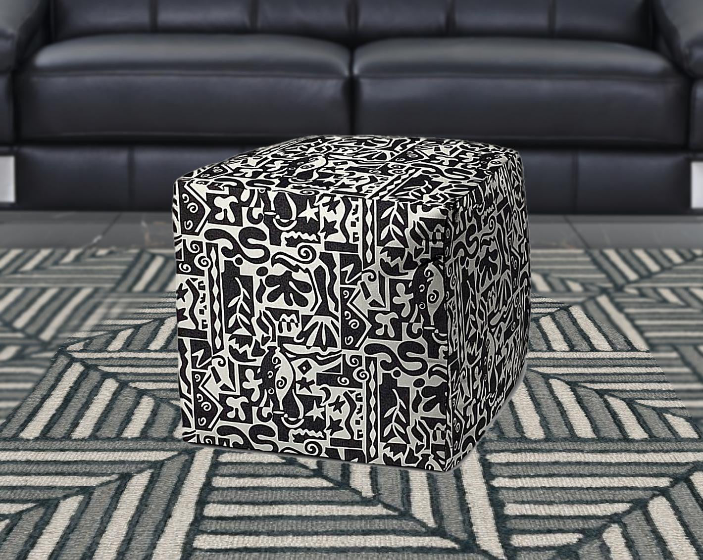 17" Black Polyester Cube Geometric Indoor Outdoor Pouf Ottoman