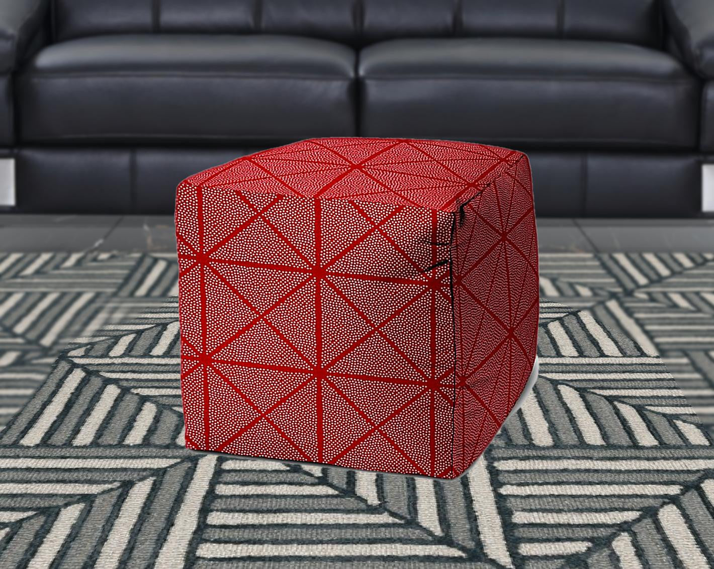 17" Red Polyester Cube Geometric Indoor Outdoor Pouf Ottoman