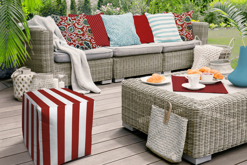 17" Red Polyester Cube Striped Indoor Outdoor Pouf Ottoman