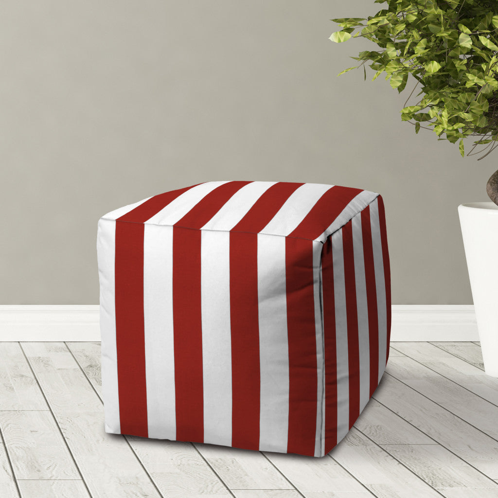 17" Red Polyester Cube Striped Indoor Outdoor Pouf Ottoman