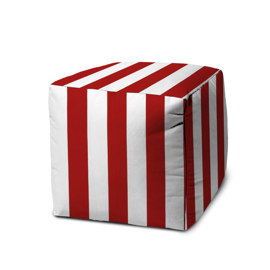 17" Red And White Cube Striped Indoor Outdoor Pouf Cover