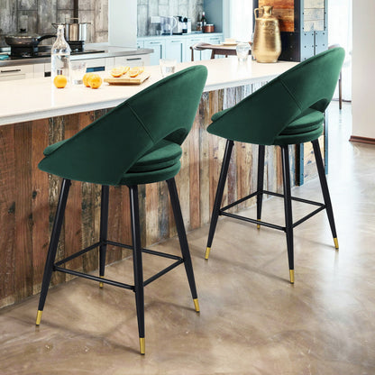 Set Of Two 39" Green And Black Velvet Counter Height Bar Chairs With Footrest