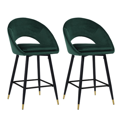 Set Of Two 39" Green And Black Velvet Counter Height Bar Chairs With Footrest