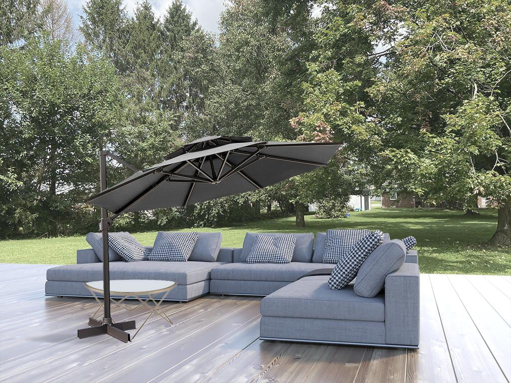 12' Dark Gray Polyester Round Tilt Cantilever Patio Umbrella With Stand