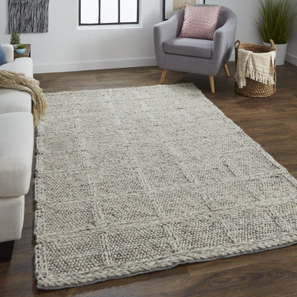 5' X 8' Ivory And Gray Wool Plaid Hand Woven Stain Resistant Area Rug