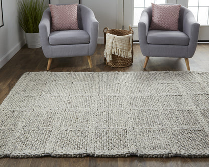 5' X 8' Ivory And Gray Wool Plaid Hand Woven Stain Resistant Area Rug