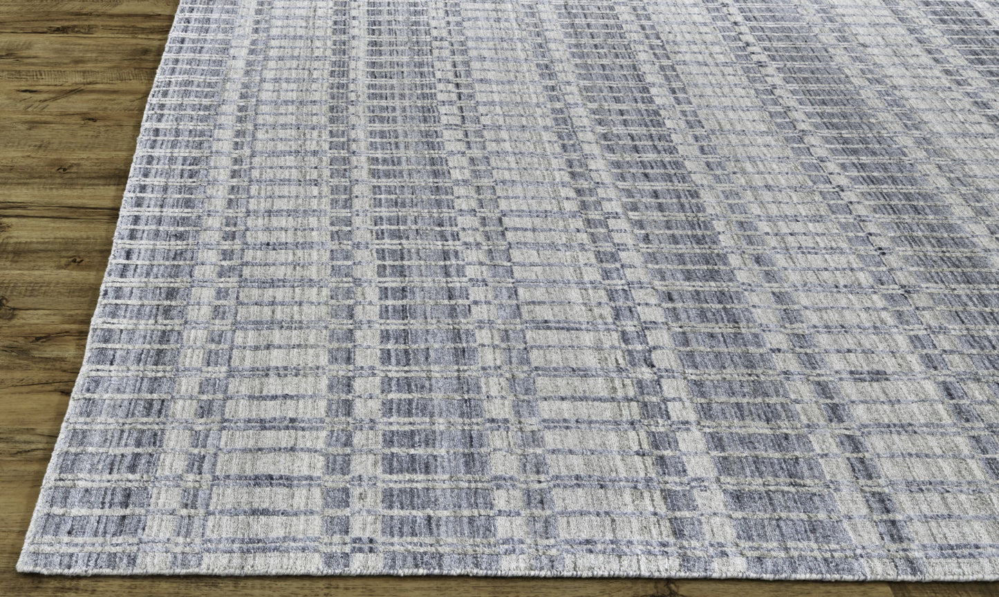 9' X 13' Blue Gray And Ivory Striped Hand Woven Area Rug