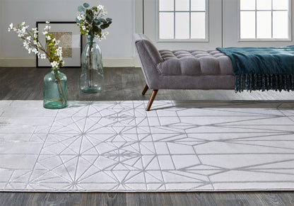 5' X 8' White Silver And Gray Geometric Stain Resistant Area Rug