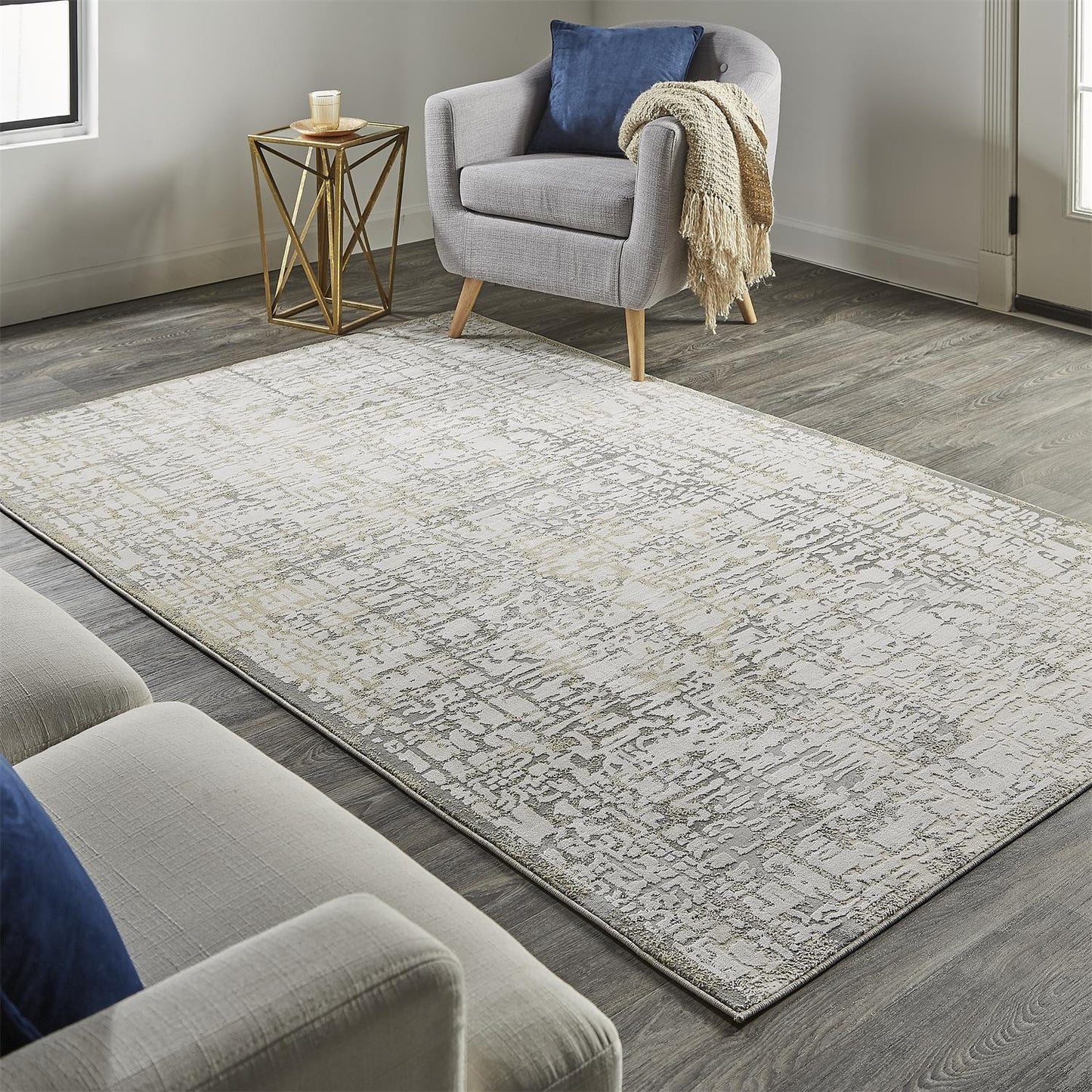 2' X 3' Gold Ivory And Gray Abstract Stain Resistant Area Rug