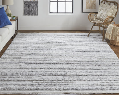 10' X 14' Gray Silver And Ivory Striped Hand Woven Stain Resistant Area Rug