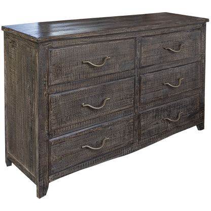 56" Dark Brown Solid Wood Six Drawer Double Dresser