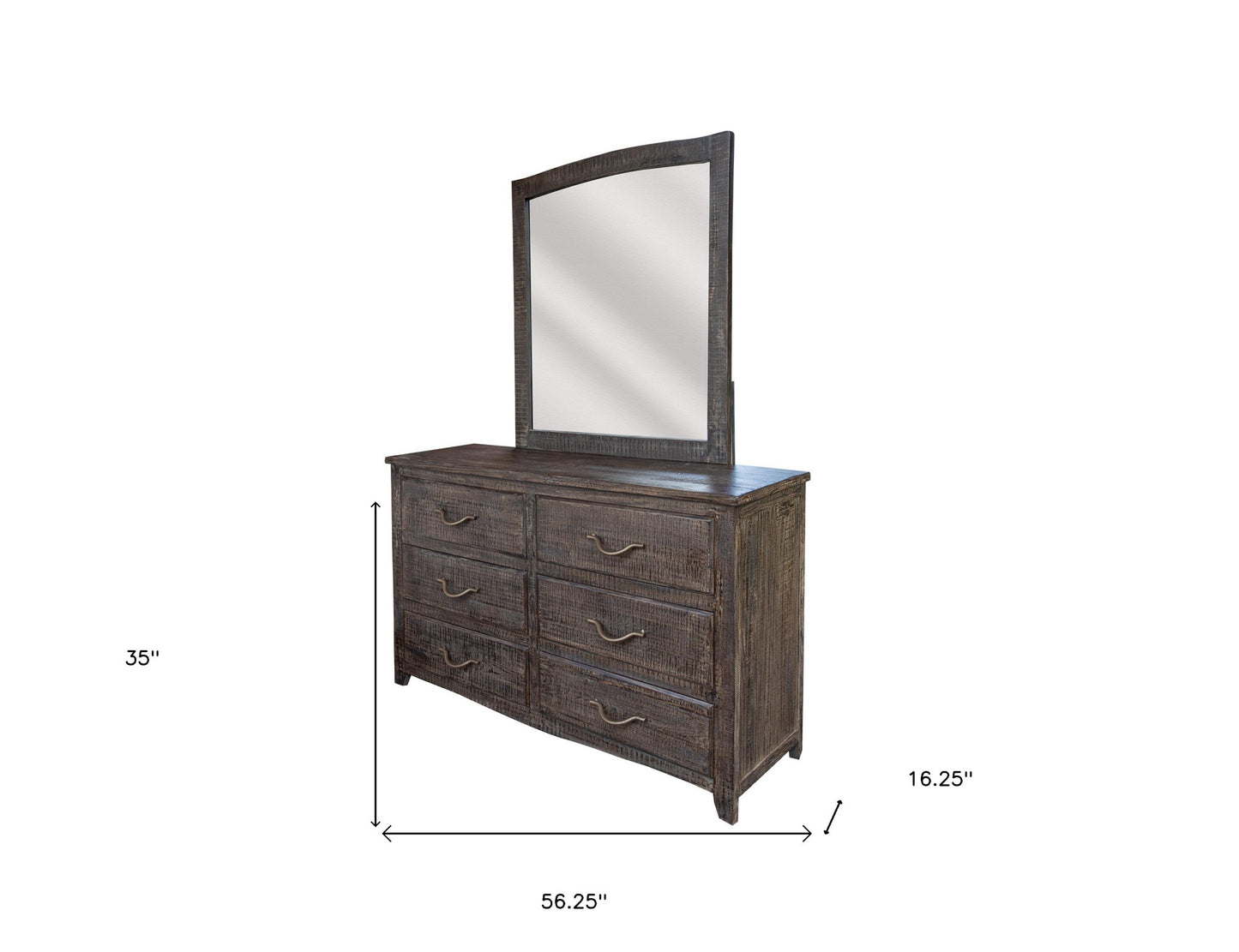 56" Dark Brown Solid Wood Six Drawer Double Dresser