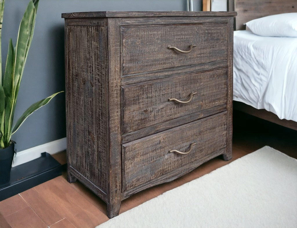 36" Dark Brown Solid Wood Three Drawer Chest