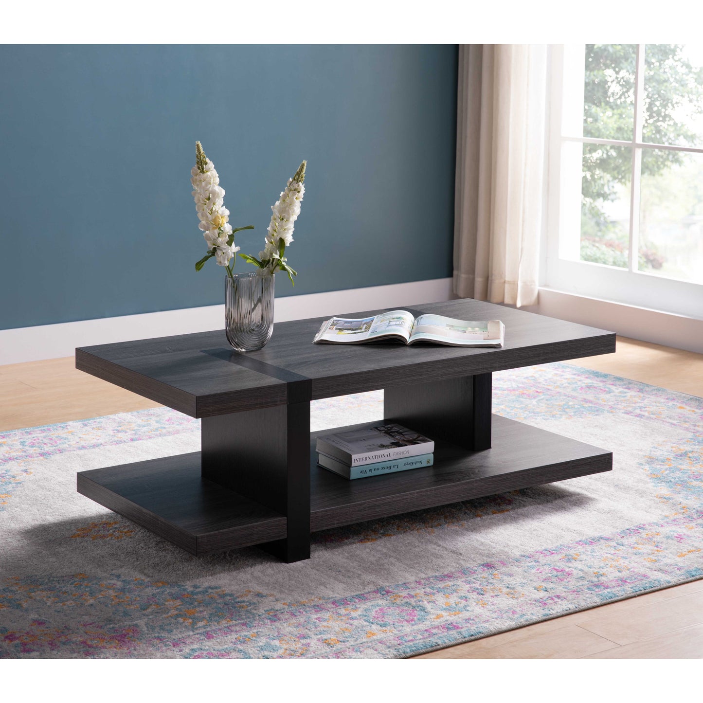 47" Gray And Black Rectangular Coffee Table With Shelf