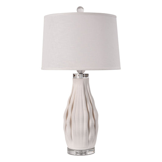 31" White Ceramic Bedside Table Lamp With White Drum Shade