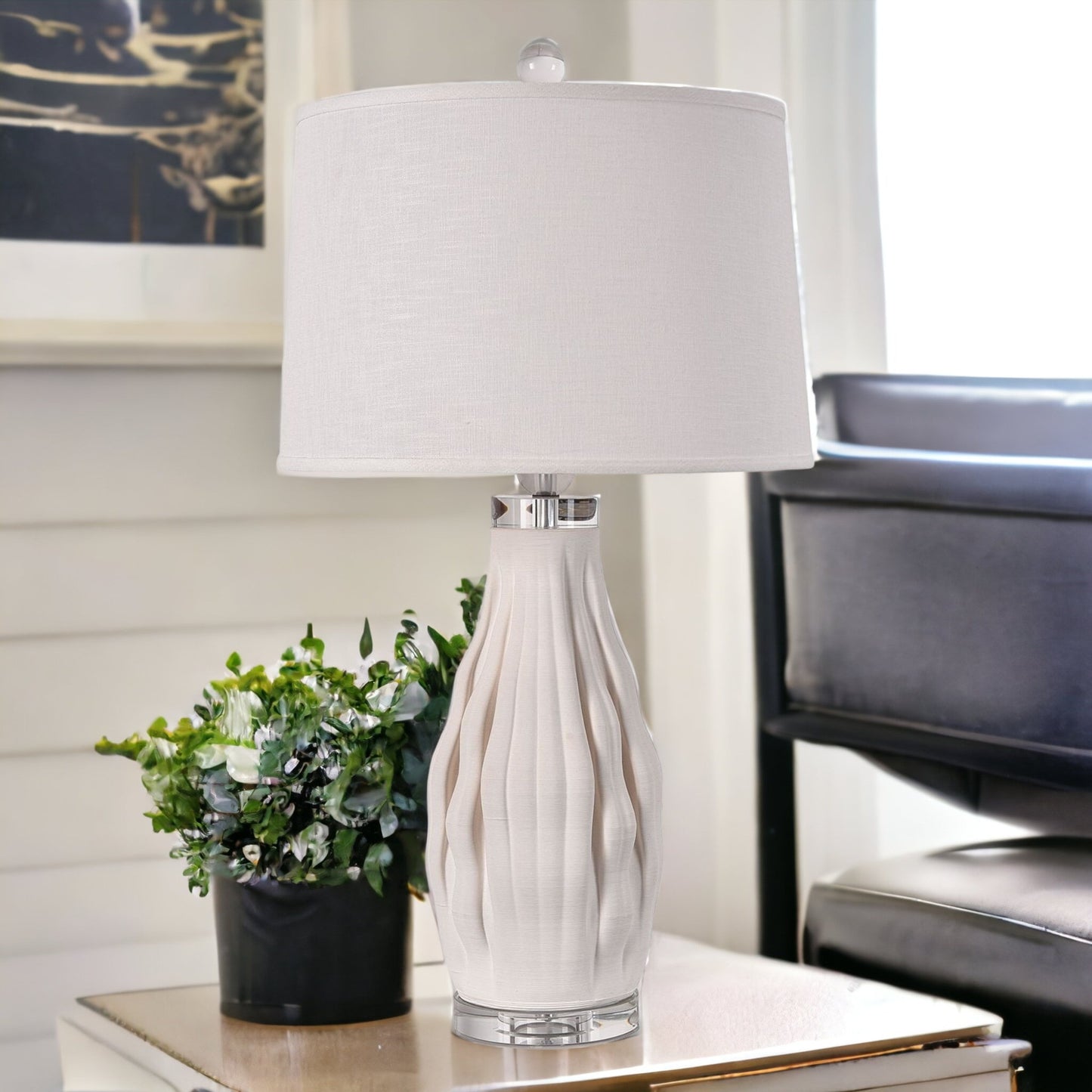 31" White Ceramic Bedside Table Lamp With White Drum Shade