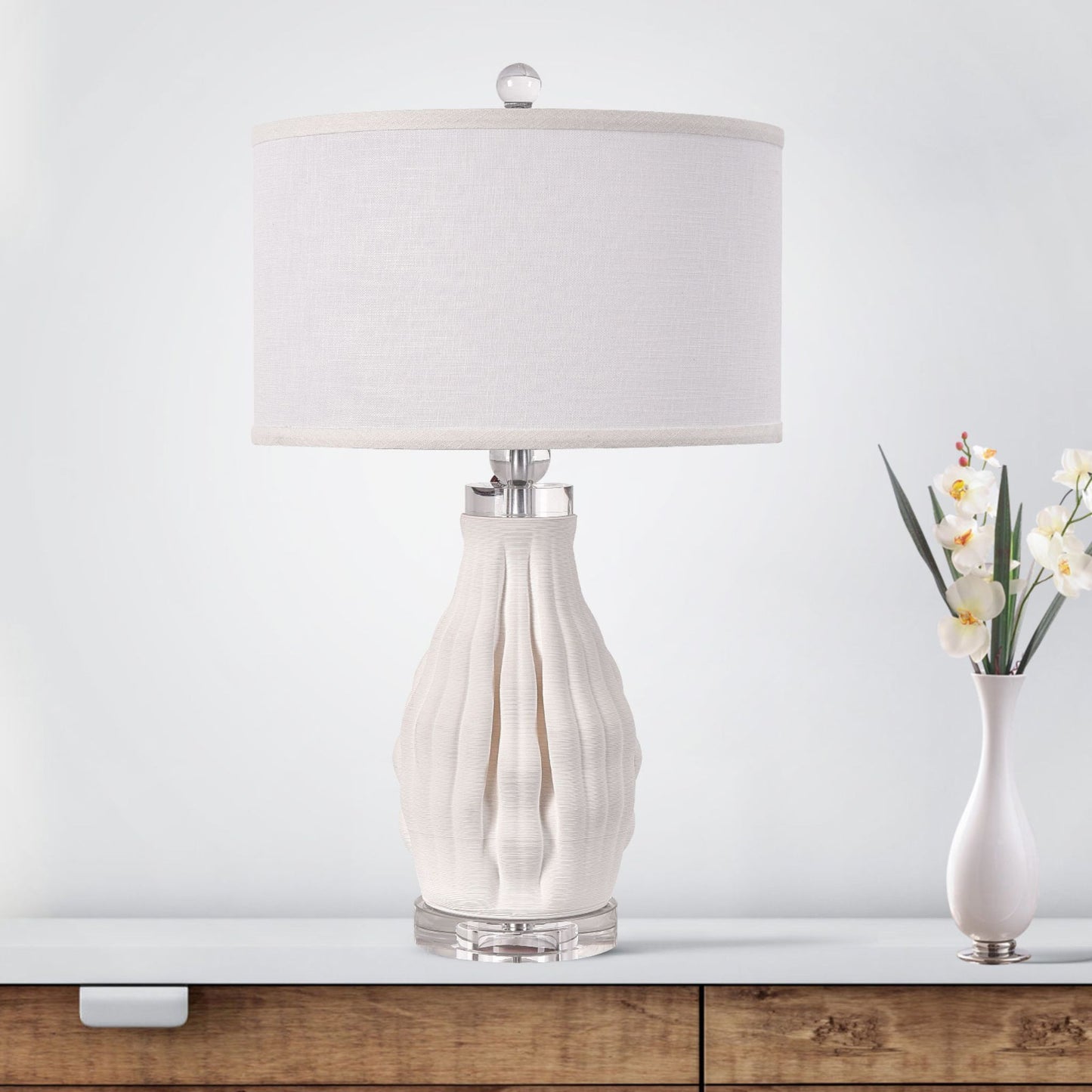 22" White Ceramic Bedside Table Lamp With White Drum Shade