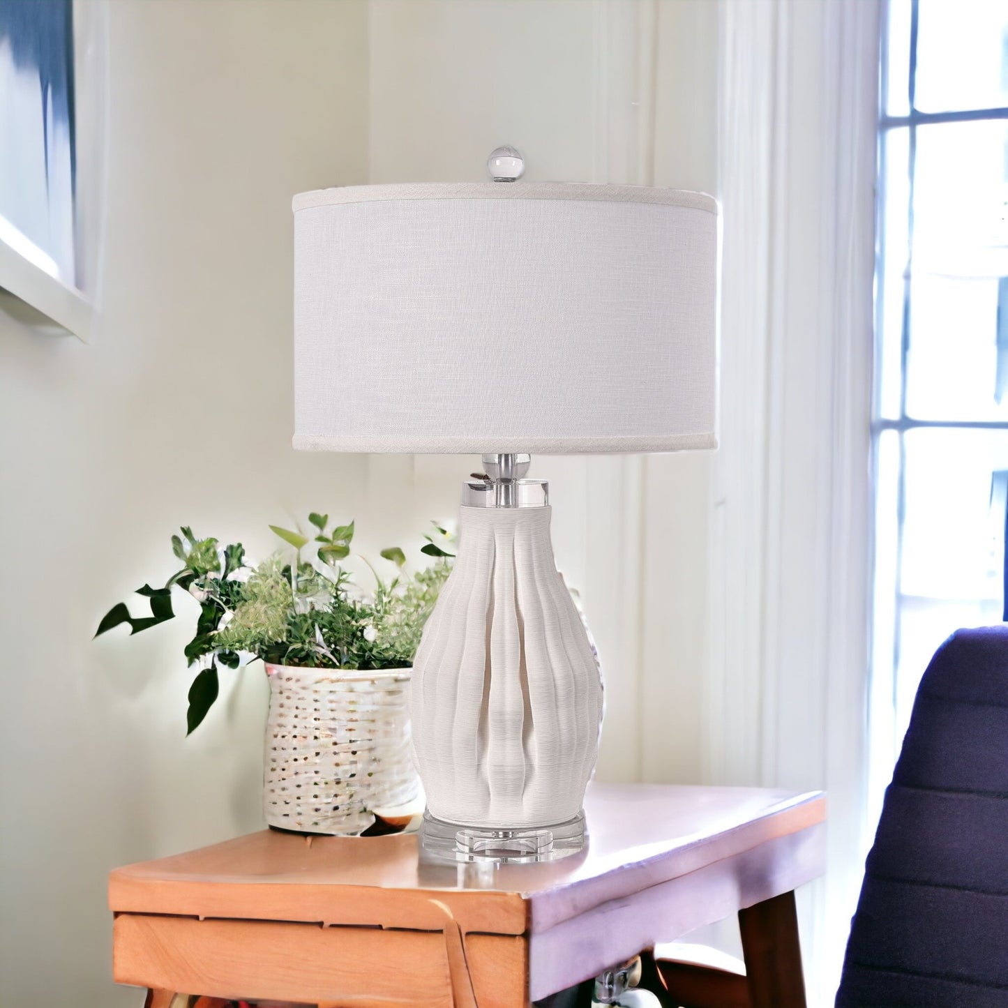 22" White Ceramic Bedside Table Lamp With White Drum Shade