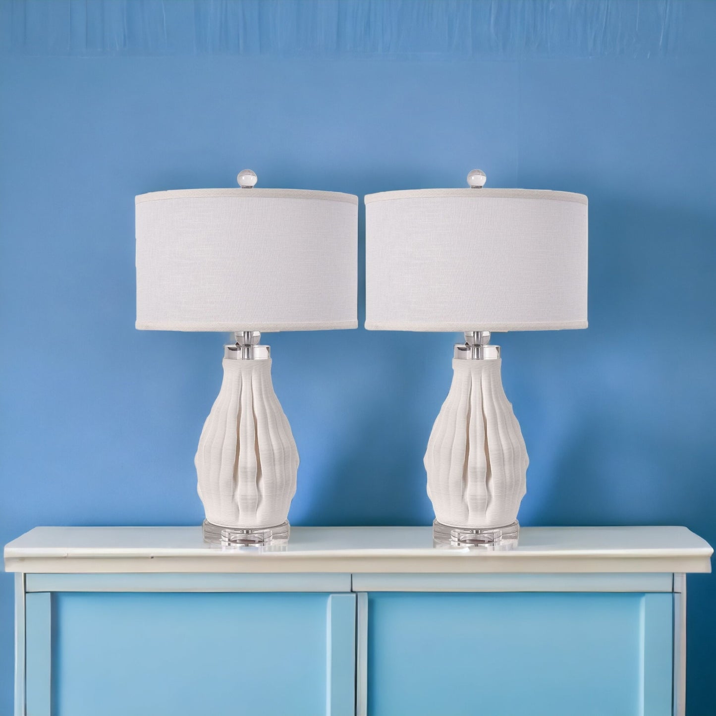Set of Two 22" White Ceramic Bedside Table Lamps With White Shade