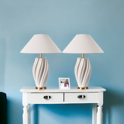 Set of Two 24" White Ceramic Bedside Table Lamps With White Empire Shade