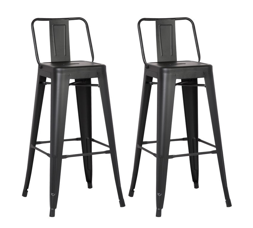 Set of Two 30" Black Metal Low Back Bar Height Bar Chairs