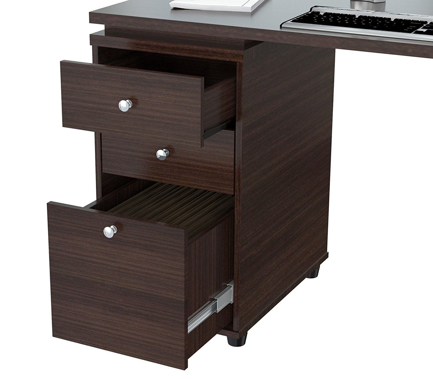60" Espresso Mirrored L Shape Computer Desk With Three Drawers