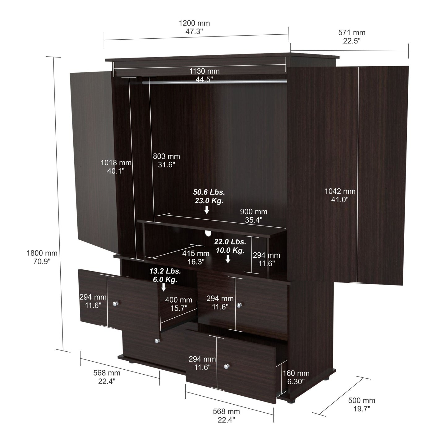 47" Espresso Melamine Mirrored Four Drawer Combo Dresser