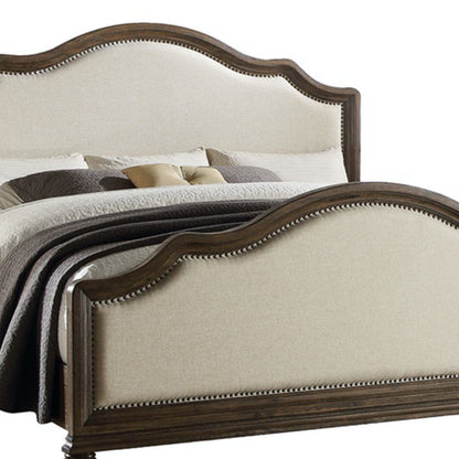 Queen Beige Upholstered Linen Bed With Nailhead Trim