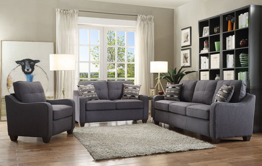 69" Gray Linen and Dark Brown Sofa and toss pillows