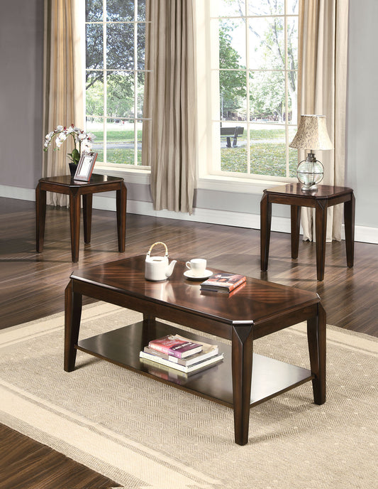 Set of 3 23" Solid Wood Brown Coffee Table With Shelf and End Tables
